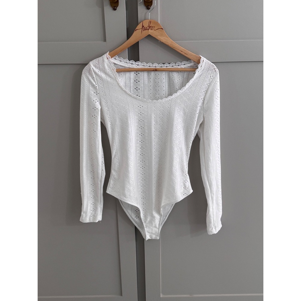 White Eyelet Lace Long Sleeve Bodysuit Scoop Neck Gold Button Cuffs